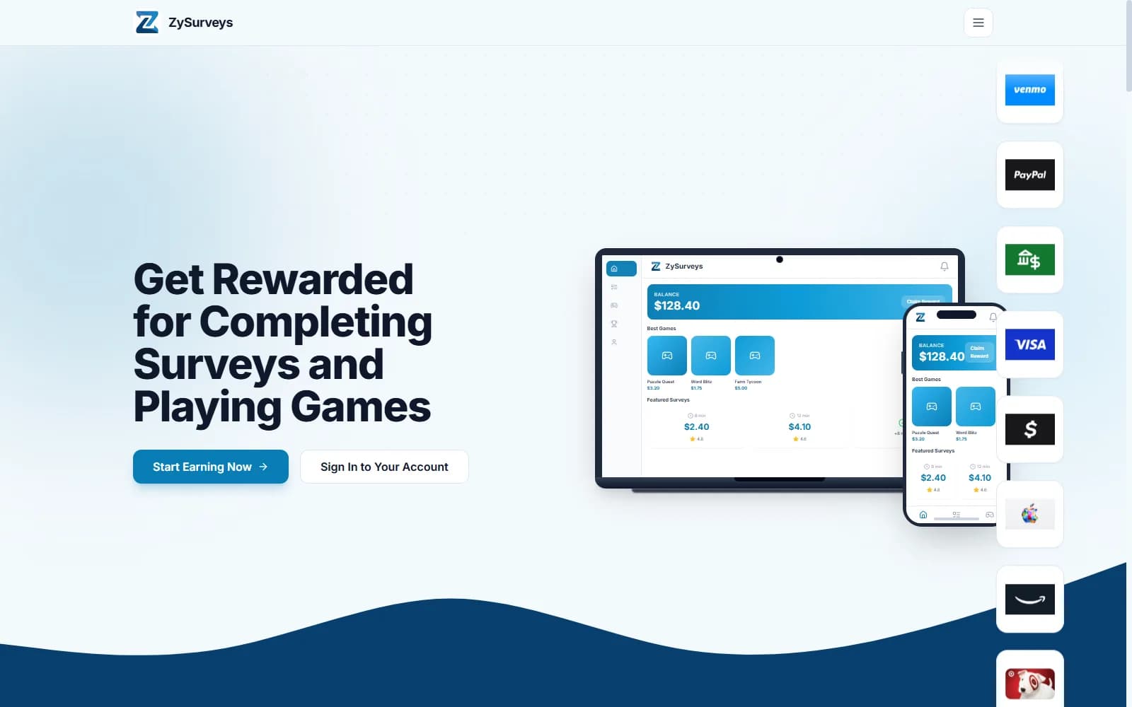 ZySurveys dashboard showing wallet balance, games, and featured surveys